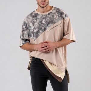 Vie + Riche Paris Mens Tan Marbled Panel Zipper Side Longline T-Shirt Large